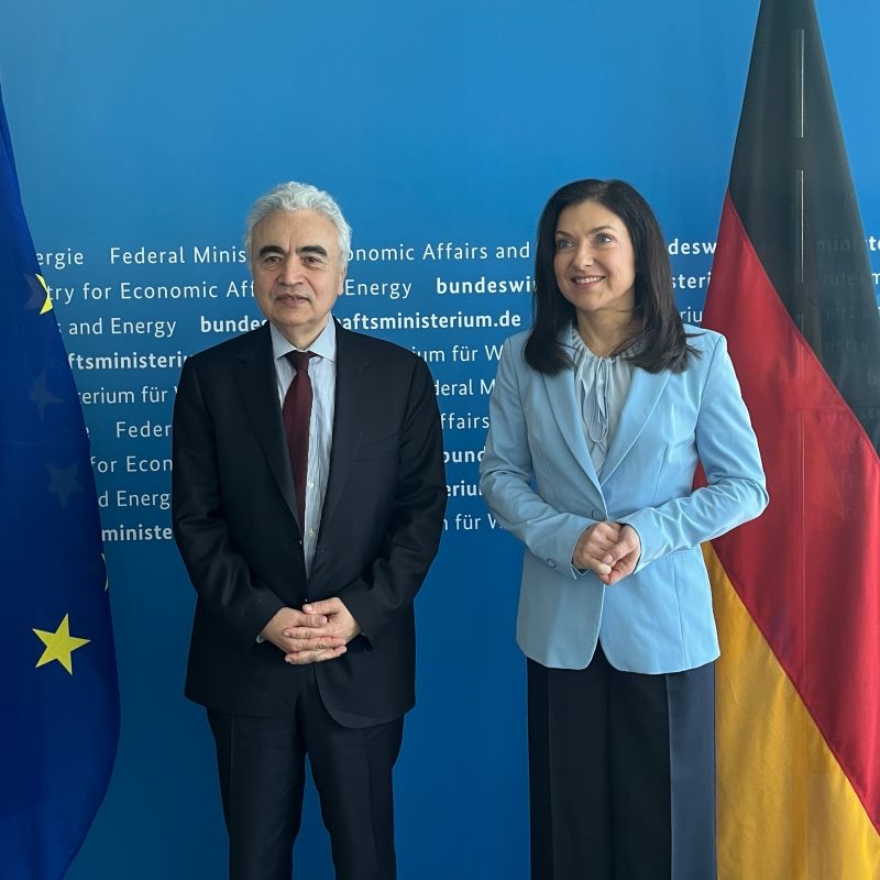 Katherina Reiche standing with IEA Executive Director Fatih Birol in front of the ministry backdrop, with German and EU flags