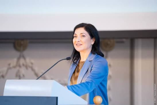 Katherina Reiche in a blue jacket speaking at a lectern